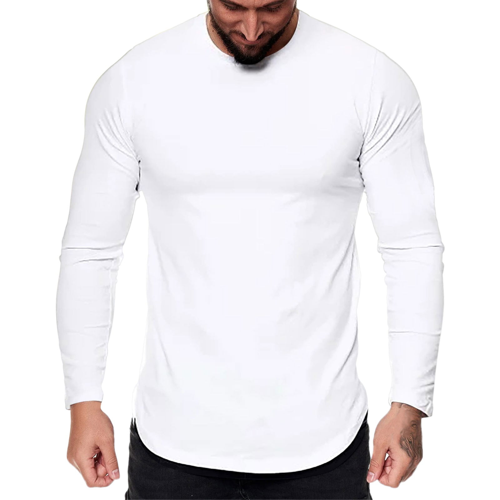 Long Sleeve T Shirt For Men Slim Fitness Sportswear Gym Clothing Solid Color Round Neck Men's T-shirt Spring Outdoor Tee Tops XXXL White - Walmart.com