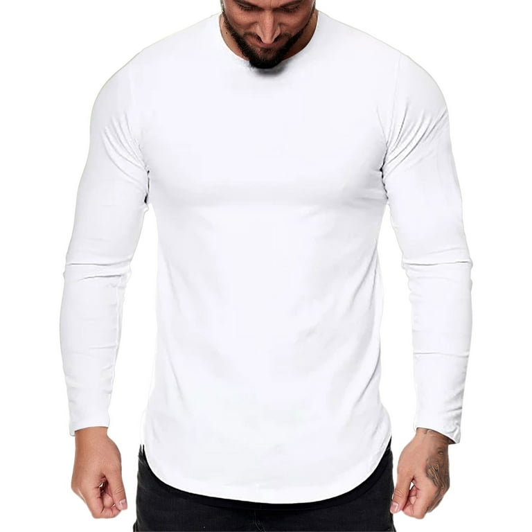 white mens shirts mens fashion casual sports fitness outdoor curved hem  solid color round neck t shirt long sleeve top