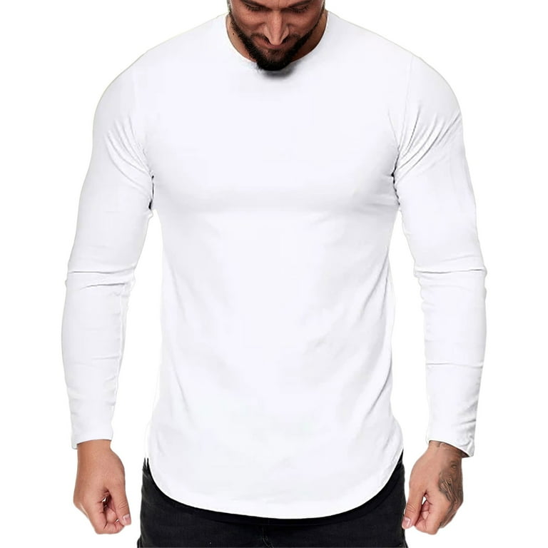 Mens Fashion Casual Sports Fitness Outdoor Curved Hem Solid Color Round Neck T Shirt Long Sleeve Top Men T Shirts White L