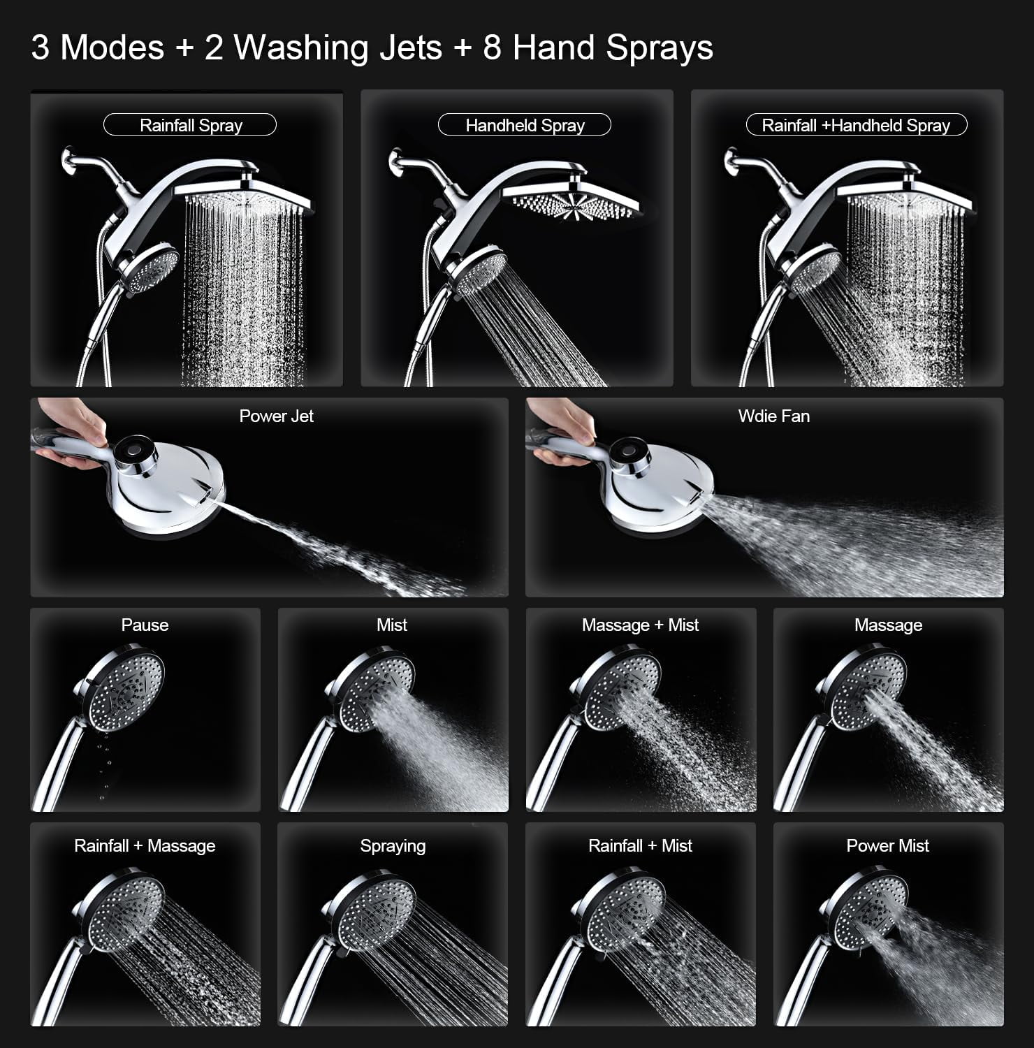 High Pressure Rain Shower Head: Upgrade Shower Heads with Handheld Spray Combo with Fixed Showerhead and 10 Sprays Handheld Shower Head, Detachable Shower head Built-in Power Jets