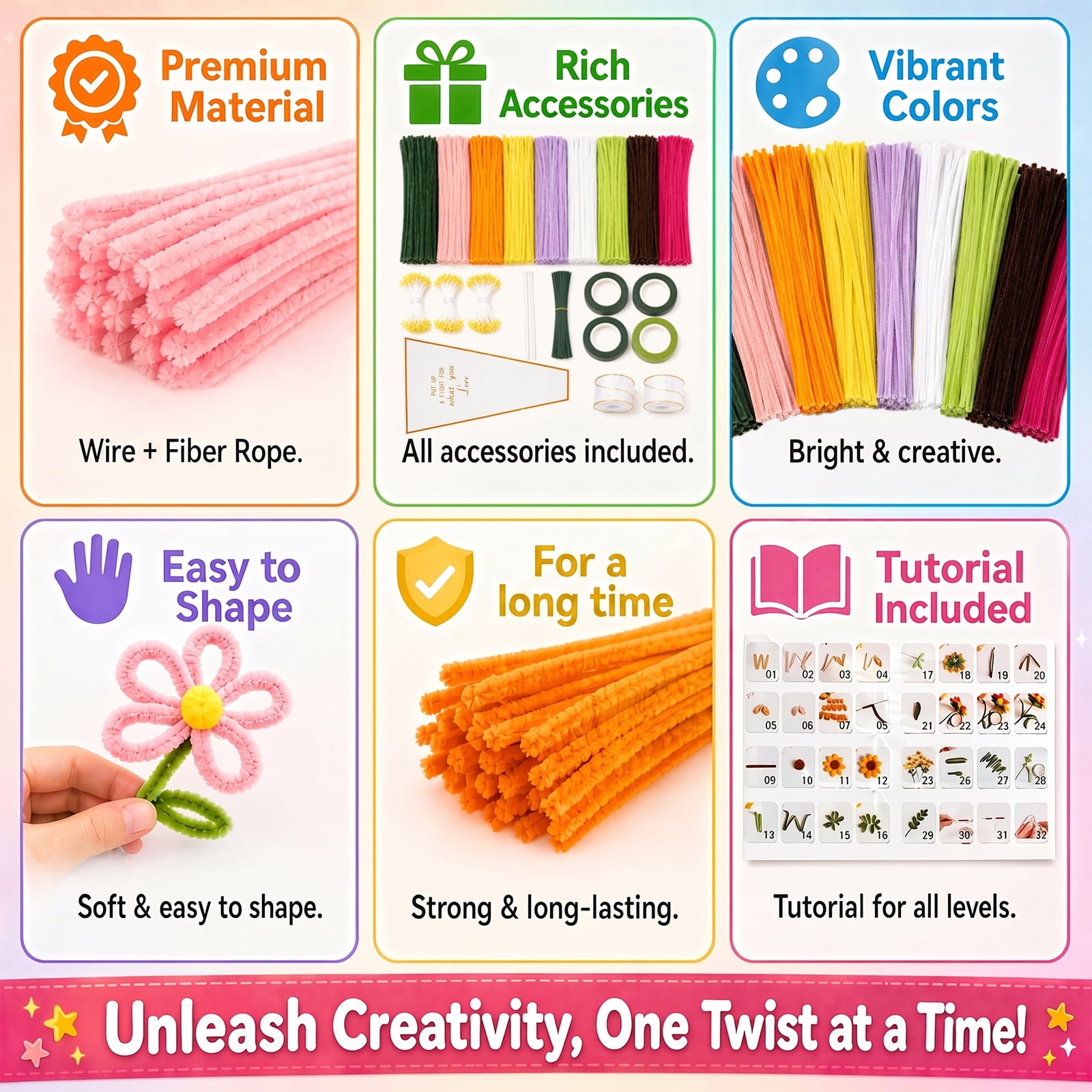 900Pcs Pipe Cleaners Craft Pipe Cleaners Flowers Kit 9 Color Chenille Stem with 40 Stem Glue Stick Floral Tape Stamen Ribbon Wrapping Paper Handmade Bouquet for Arts DIY Craft Supplies