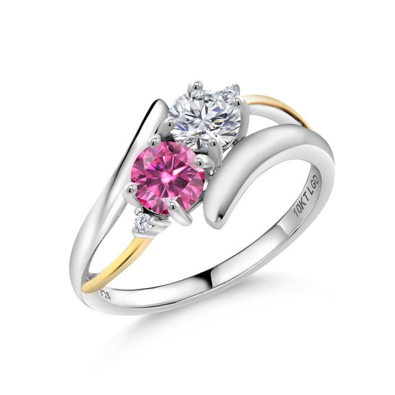 Gem Stone King 925 Silver and 10K Yellow Gold Ring Round White Lab Grown Diamond and Pink Moissanite (1.02 Cttw, Size 9)