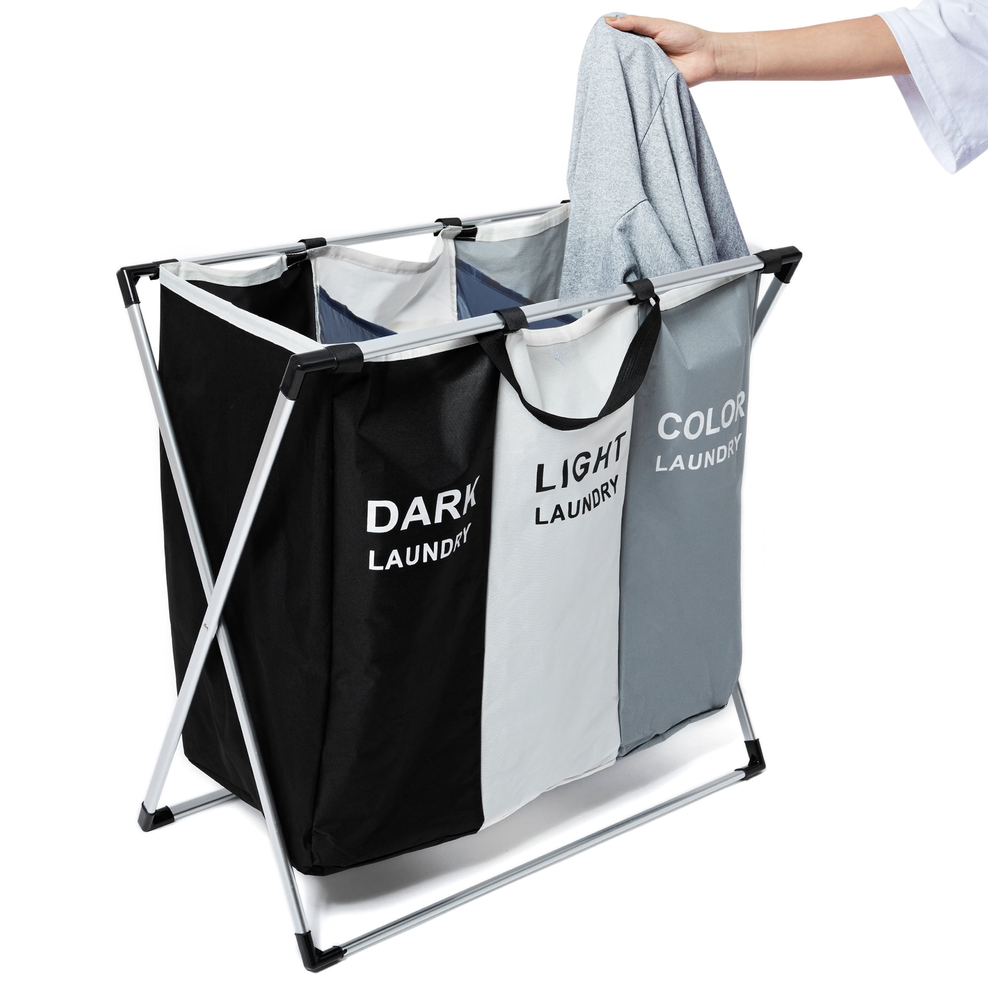 Large 3 Section Laundry Washing Clothes Bag Hamper Sorter Folding Organiser US 