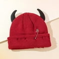 thumbnail image 5 of Unisex Knitted Beanie Hat, Devil Horns Knitted Hat, Halloween Distressed Skull Cap Funny Hip Hop Hat Windproof Warm Winter Yarn Hat For Men Women (Red), 5 of 7
