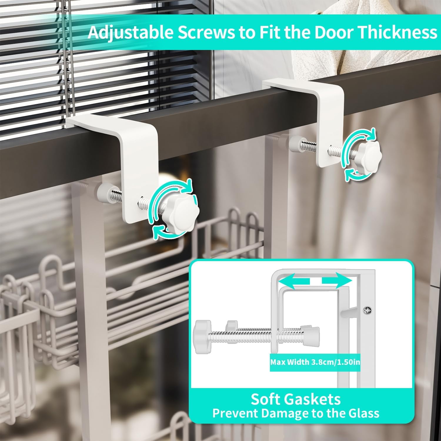 4 Tier Over the Door Shower Caddy, Hanging Shower Caddy with 22 Hooks and 2 Toothbrush Holders, No Drilling Adjustable Hanging Bathroom Organizer - White