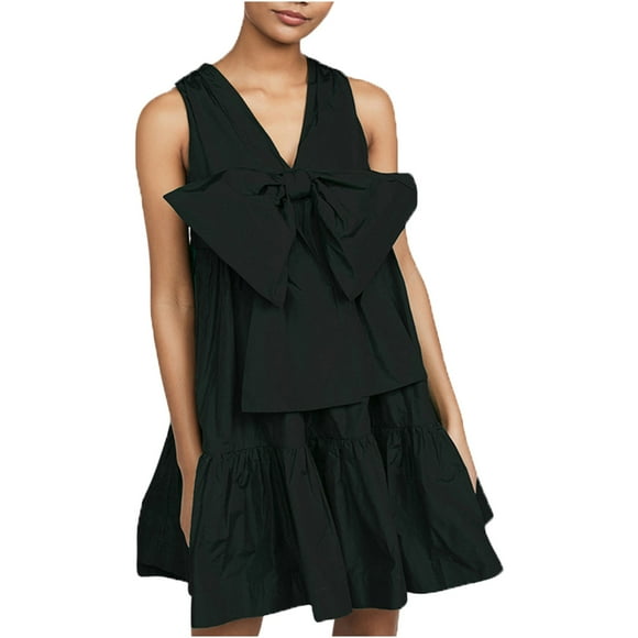 AherBiu Summer Dresses for Women Sleeveless Bow V Neck Ruched Ruffle Casual Loose Cute Short Dress