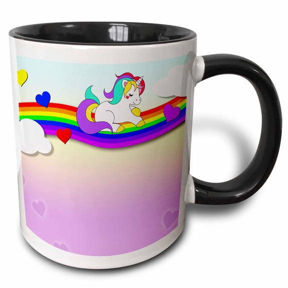 3drose, Cute White Unicorn Sitting on a Rainbow Funny Illustration, 15oz Two-tone Black Mug