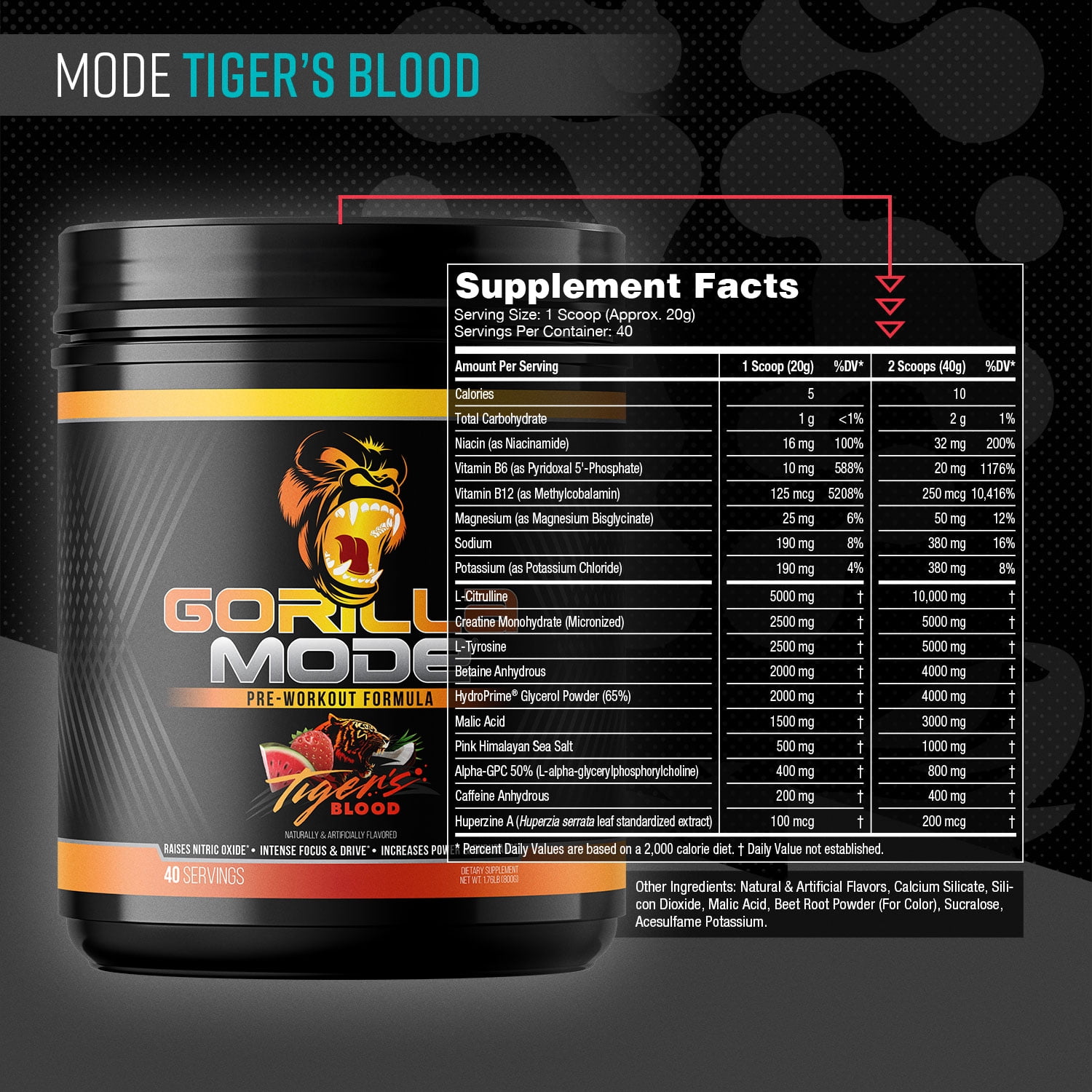 Gorilla Mode Pre-Workout, Tigers Blood, 800 g