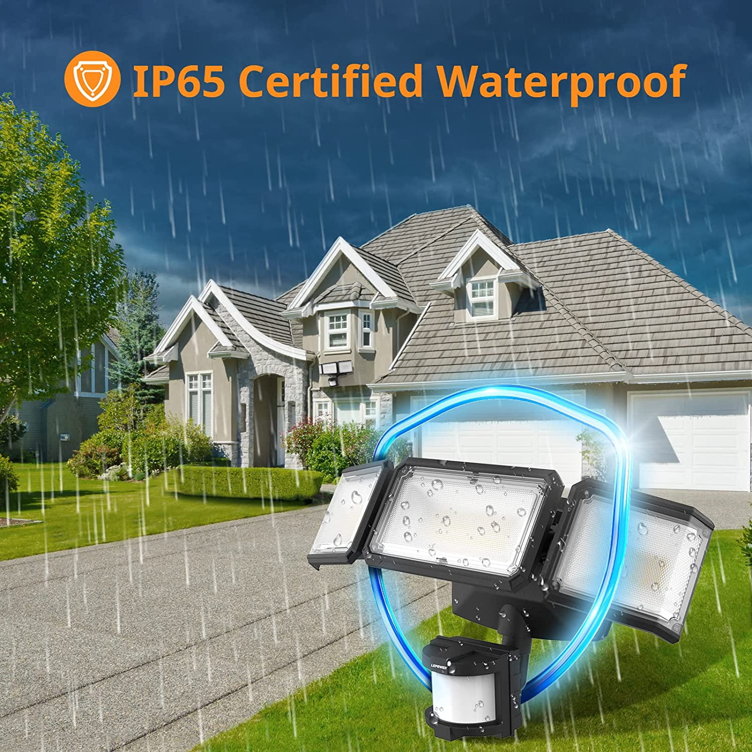 LEPOWER Battery Powered LED Flood Light Outdoor,1500 LM, 5000 K, IP65 Waterproof, Wireless Flood Light Battery Operated, 3 Head Motion Detector Light for Garage, Yard, Porch, Black