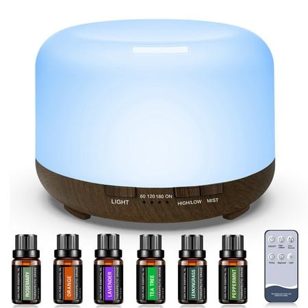 Fimilo 500ml Upgraded Black Wood Color Base White Aroma Water Diffuser with 6*10ml Nature Essential Oil and Remote Control for Home Office,Aromatherapy Fragrant Oil Air Humidifier Vaporizer for Gift