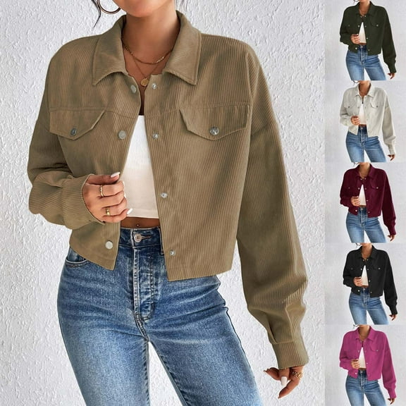 Feancey Shackets for Women Button Down Cropped Jacket Trendy Corduroy Bomber Jackets Long Sleeve Casual Lightweight Coats with Pockets Coffee L