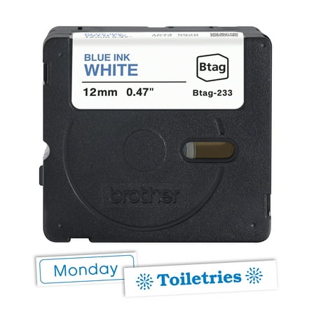 Brother Genuine P-touch BTAG233 Blue on White Label Tape, ~1/2in by 13.1ft (12mm x 4m) for Ptouch Label Makers