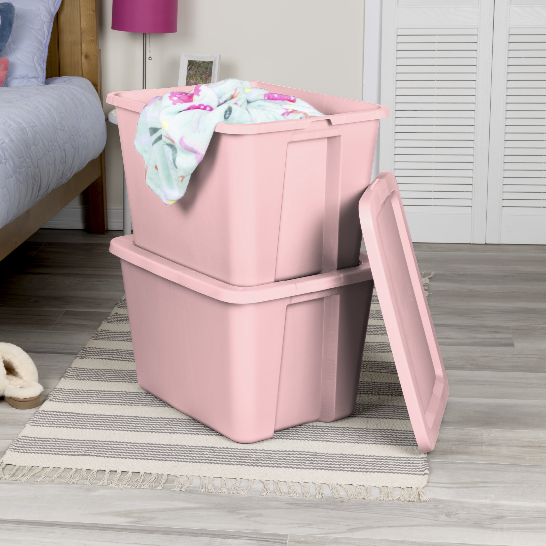 Sterilite Large Storage Bin, 18 Gallon Plastic Storage Container with Snap-On Lid, Pink