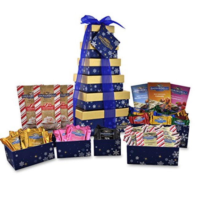 ghirardelli 6 tier tower holiday chocolate gift set, blue snowflakes