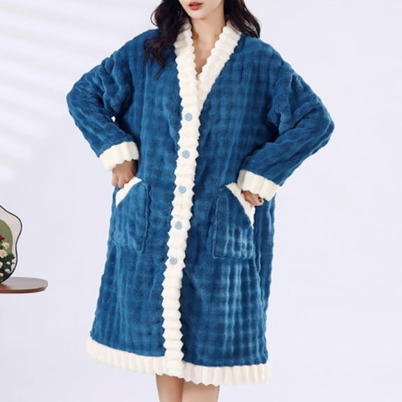Fanxing Terry Absorbent Robes for Women Extra Thick Cozy Warm Plush Bathrobe Cozy Christmas Gift Button Down Nightgown Sleepwear Blue Free Size