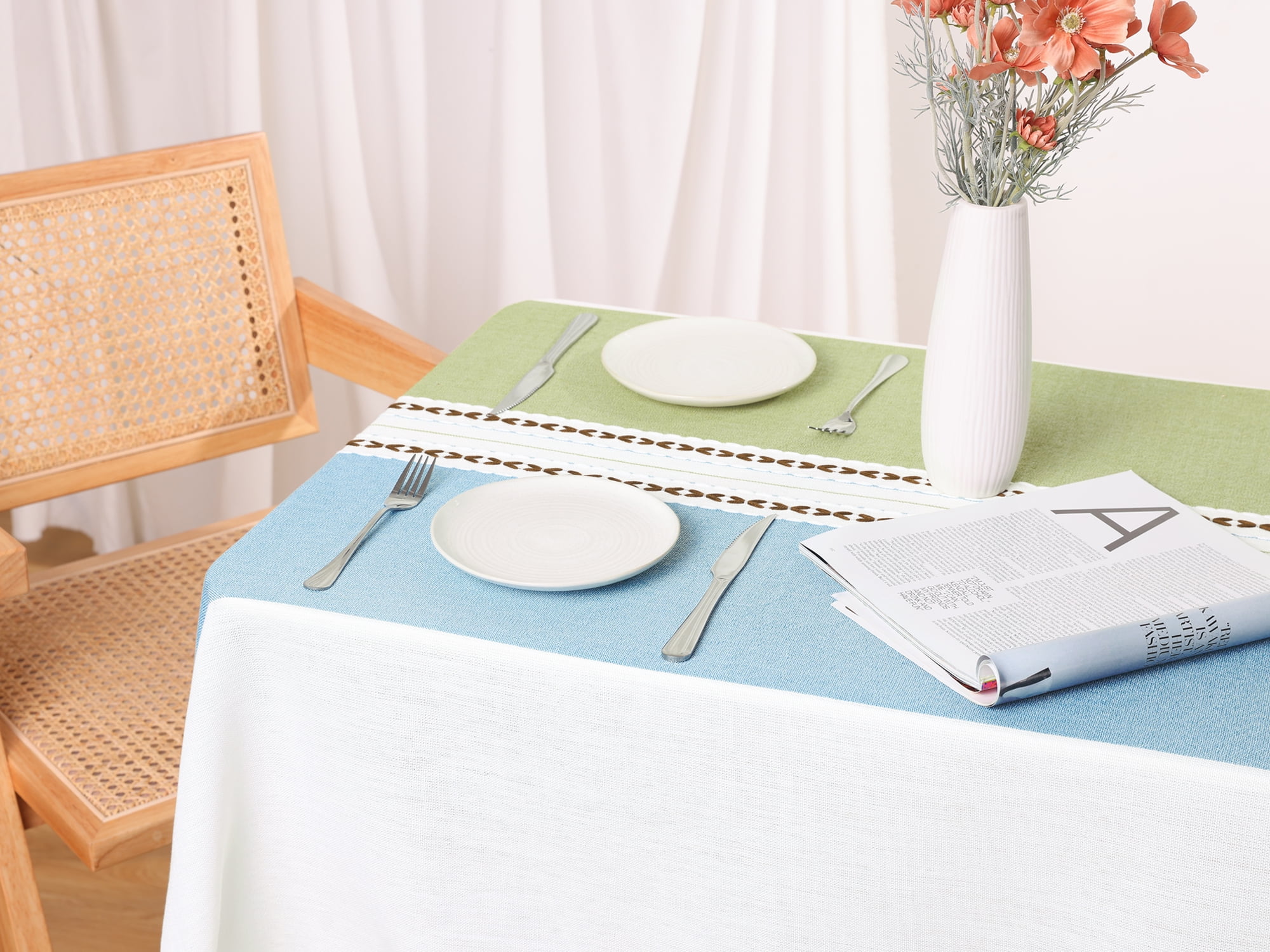 Unique Bargains Rustic Tablecloth Cotton Linen Waterproof Table Cover with Tassels, Blue Green 55"x71"