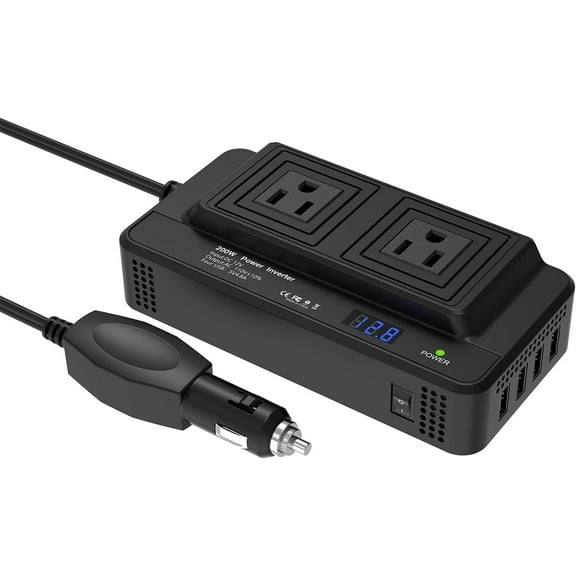 200W Car Voltage Converter Inverter DC 12V to AC 230V Ports Fast Charging Car Charger with Cigarette Lighter Plug with 2 Sockets and 4 USB for Business Trips and Vacation