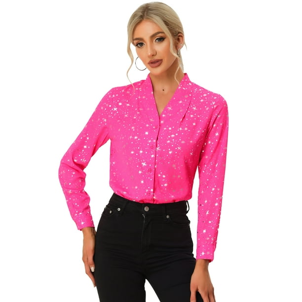 Blusa de estrellas con lunares brillantes dorados de manga larga metálica vintage para mujer Rosa XS