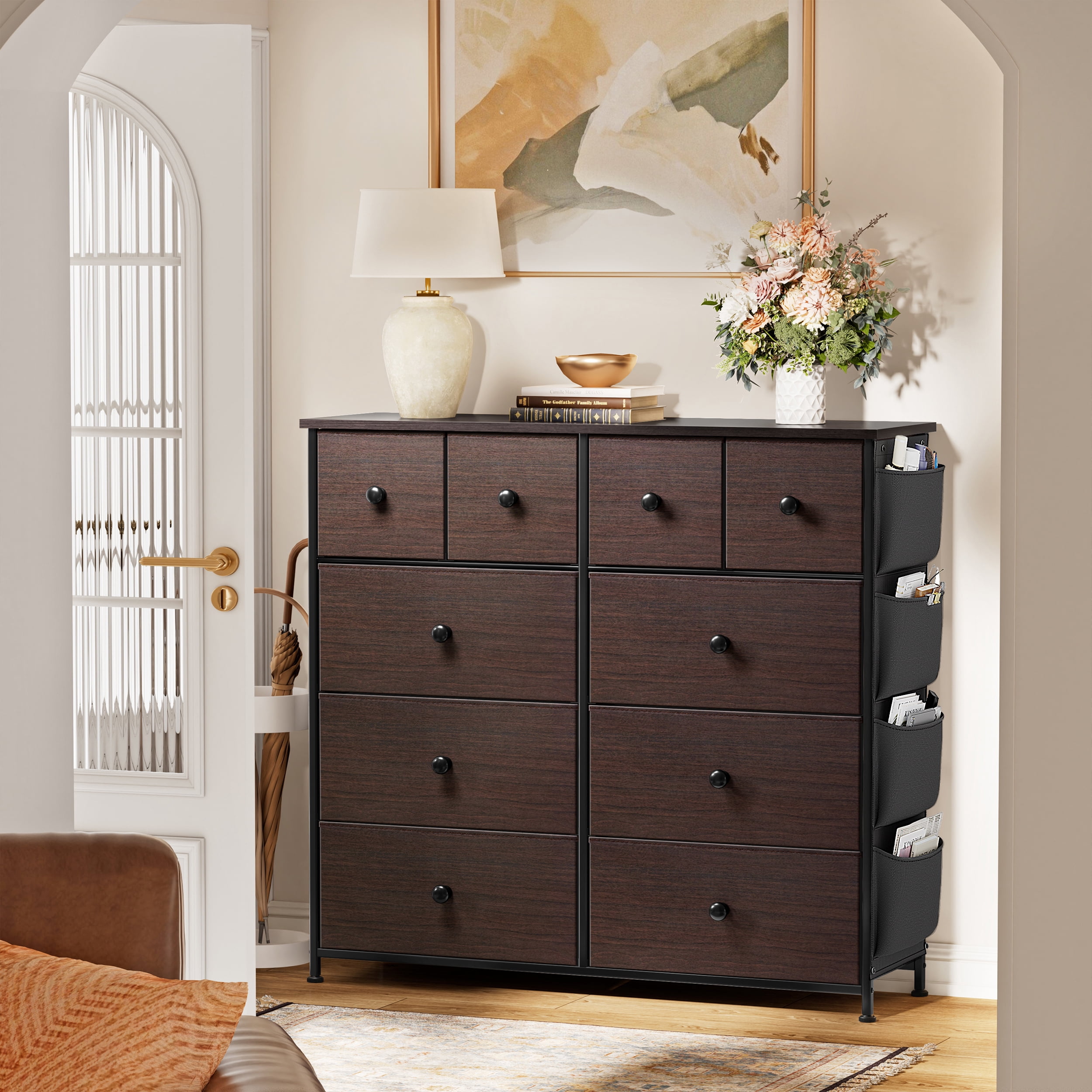 KOUSEI 10 Drawer Dresser,Fabric Dressers for Bedroom,Chest of Drawers with 4 Side Pockets,Storage Drawers,Brown