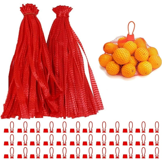 LxcshLjx 100Pcs Produce Mesh Bags, 20Inch Reusable Mesh Nylon Netting with Loop Closures, Red Plastic Storage Bag, Expandable Seafood Mesh Bag, Packing Supplies Net for Fruits Potato Crab Garlic Eggs