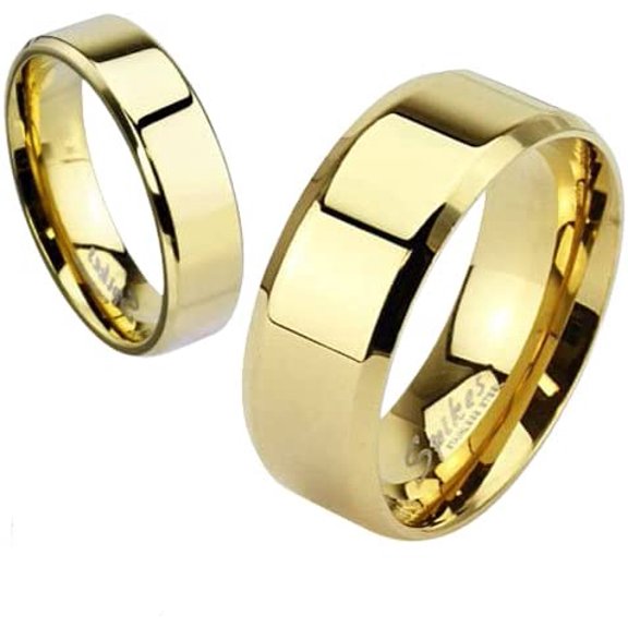 Size 9 Gold IP Over Stainless Steel Beveled Edge Flat Band Ring