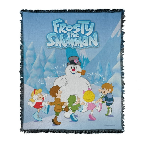 Frosty The Snowman Blanket, 50'x60' Frosty and Kids Woven Tapestry Cotton Blend Fringed Throw