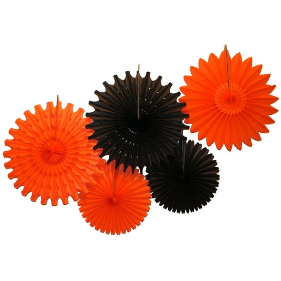 Devra Party Black and Orange Large Tissue Paper Fan Decorations, 13 and 18 Inches (5 Piece)