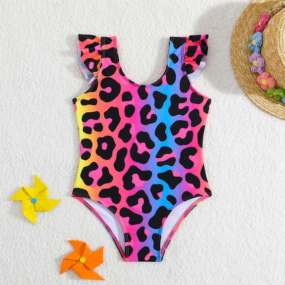 Girl Swimsuits Cartoon Style Summer Leopard Print Sleeveless One Piece Swimwear Girls Bathing Suit Purple 4-5 Years