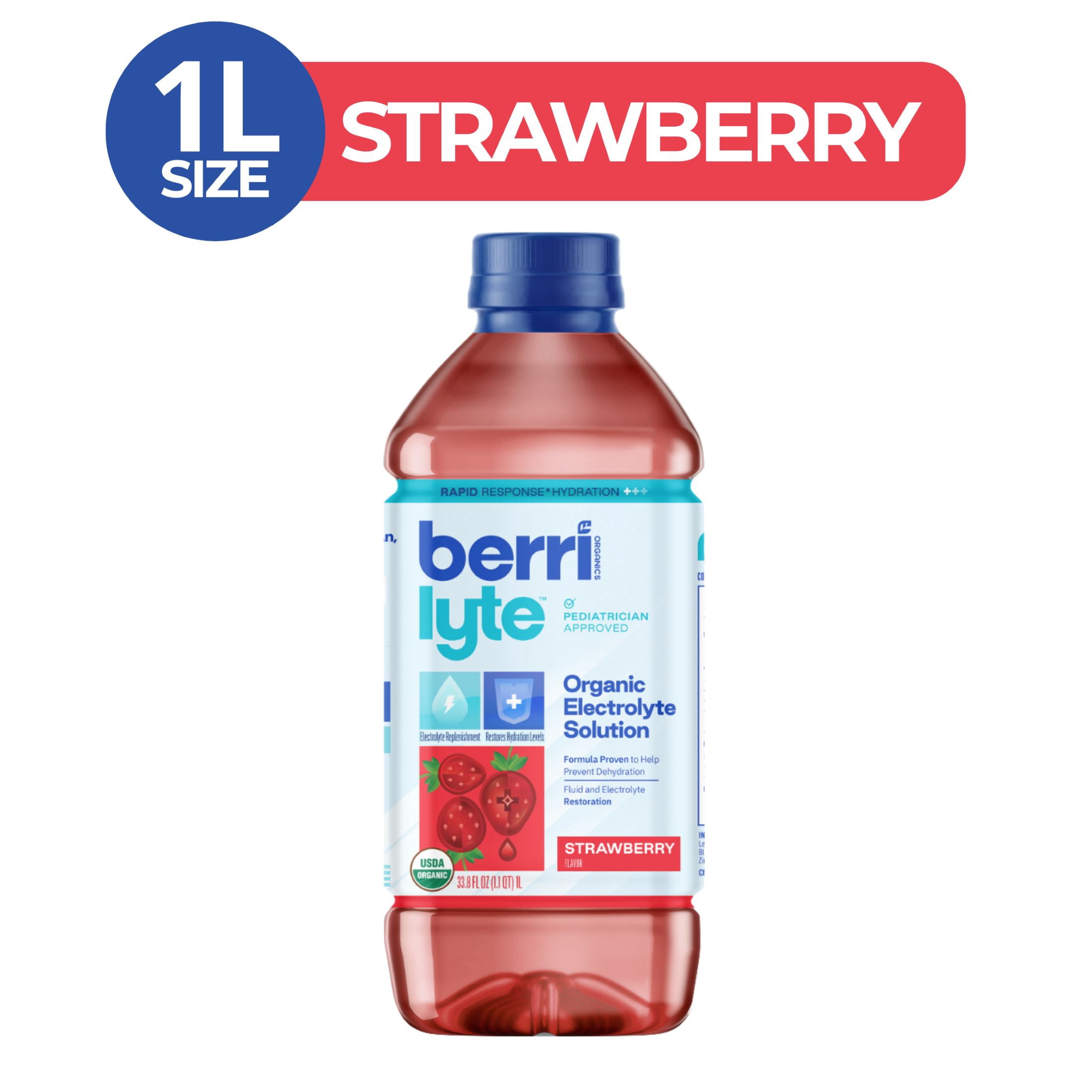 (4 pack) Berri Lyte Organic Electrolyte Hydration Solution Drink, Strawberry, 1 Liter Bottle