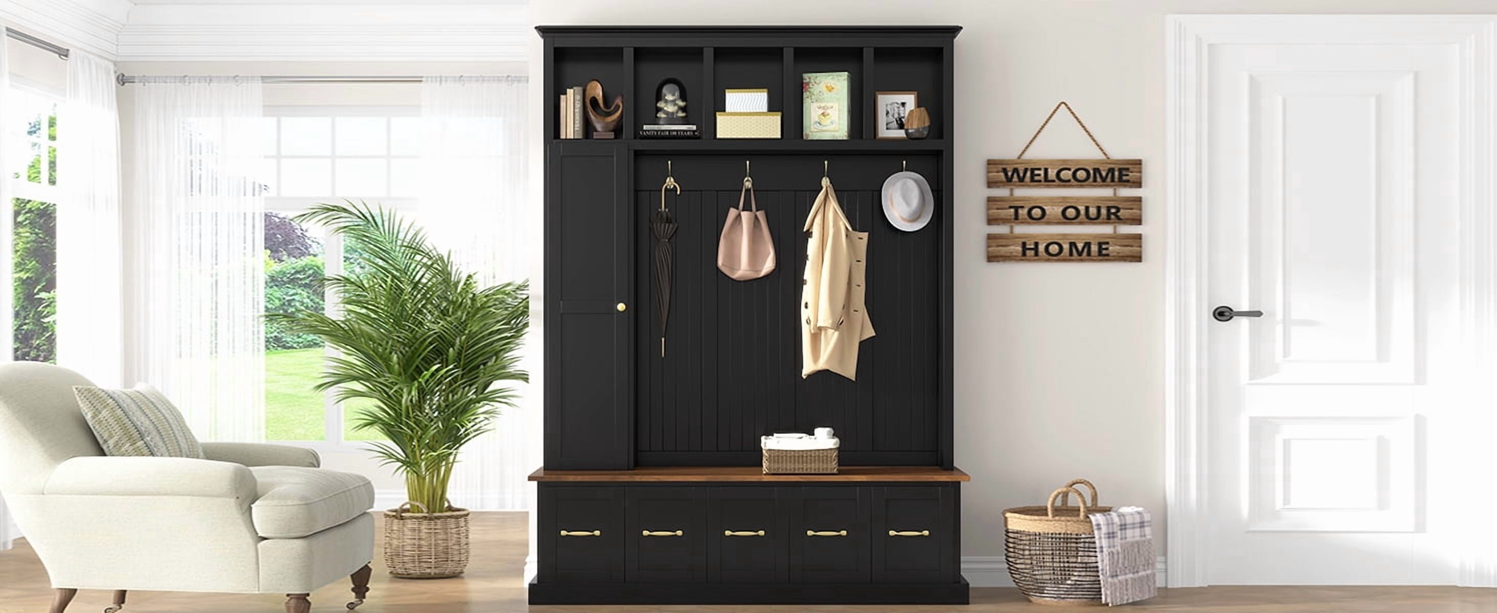 Mintazer 78.7” Tall Farmhouse Entryway Hall Tree with Coat Rack Hooks, 2 Closet, 5 Drawers & Shoe Storage Bench for Living Room, Bedroom, Hallway, Black