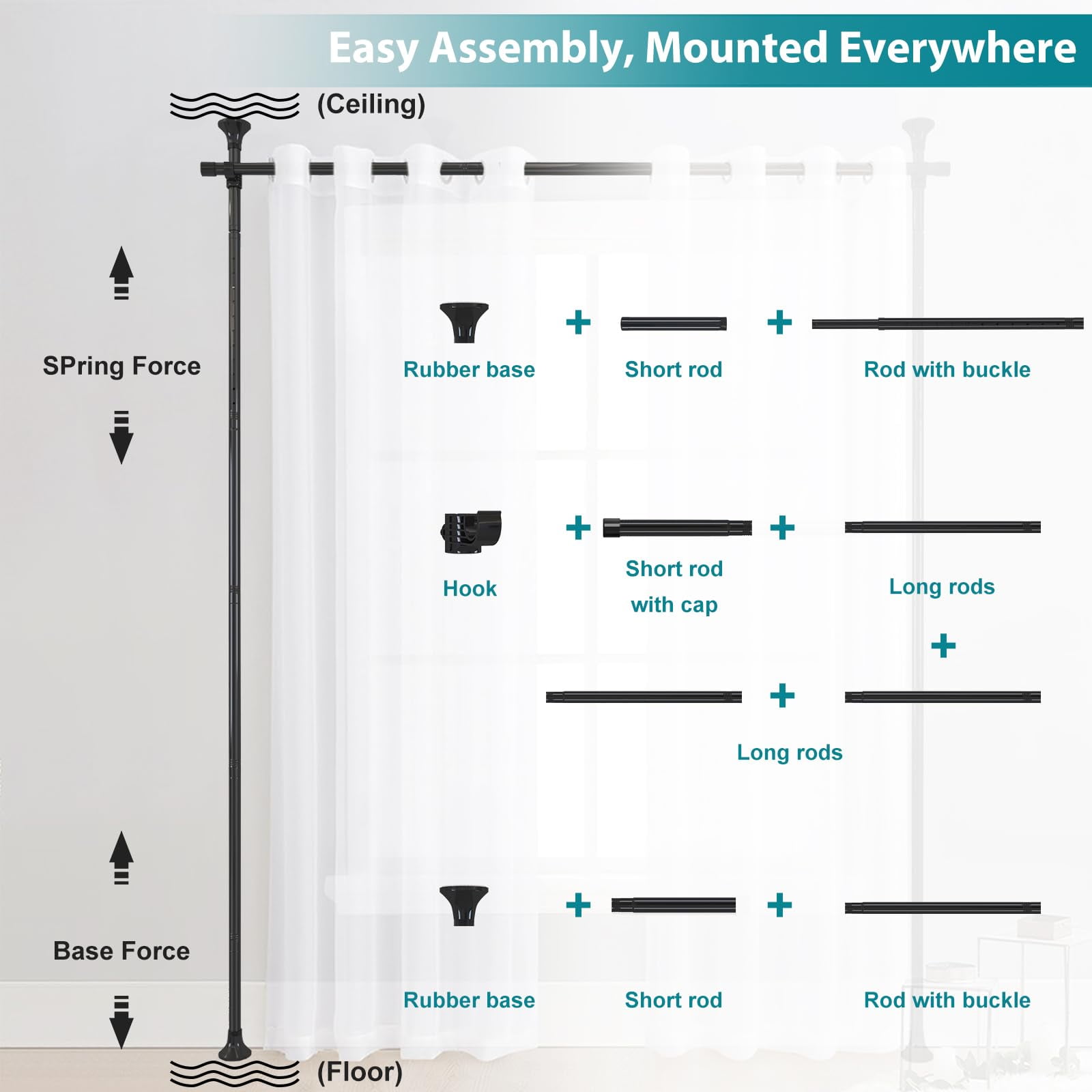 IHOMEPARK Room Divider Curtain Rod, No Drilling Rod, 48-120inch (H) 28-144inch(W) Adjustable Partition Hanging Room Divideto Ceiling Self Stand for Space Partition, Black