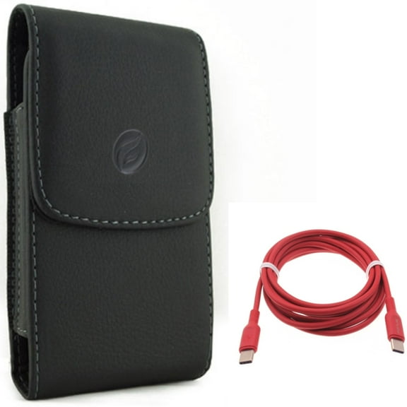 For Galaxy A73 /A23 /A14 /A13 5G - Case Belt Clip w Red 6ft Long Cable, Leather Holster Cover, USB-C to Type-C PD Fast Charger Cord for Samsung Galaxy A73 /A23 /A14 /A13 5G