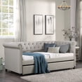 thumbnail image 2 of Twin Daybed with Trundle, Twin Size Upholstered Daybed Frame with Wood Slat Support Modern Button Tufted Sofa Bed with Nailhead Trim Dual-use Platform Frame for Bedroom Living Room, Beige, 2 of 7