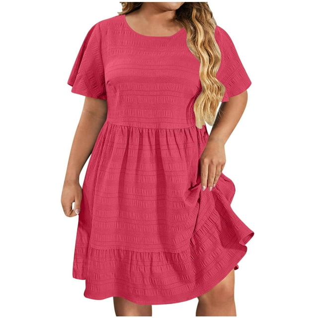 Admvng Womens Summer Dresses Plus Size Casual Solid Round Neck Ruffle Cute Short Sleeved Dress L-5XL