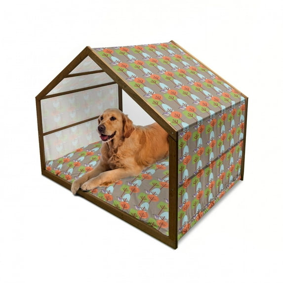 Mid Century Pet House, Flying Hummingbird and Colorful Trees Simple Nature Modernist Art Approach, Outdoor & Indoor Portable Dog Kennel with Pillow and Cover, 5 Sizes, Multicolor, by Ambesonne
