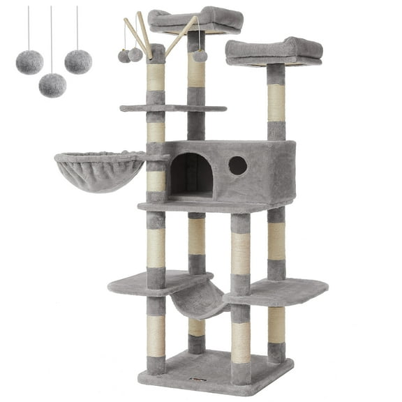FEANDREA Arbre à Chat, Grande Tour pour Chat, Centre d'Activités pour Chat de 64,6 Pouces Condo pour Chat, Gris Pâle
