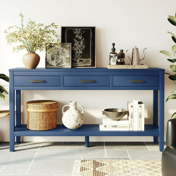 MODERNLUXE 59.1" Longer Console Table, Narrow Wood Sofa Table with 3 Drawers and Open Storage Shelf,2 Tier Behind Couch Table Entryway Table for Living Room,Entryway,Hallway,Navy Blue