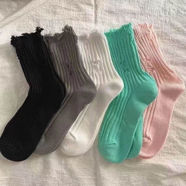 Calcetines de estilo mendigo rotos, calcetines hasta media pantorrilla para mujer, medias de verano de color liso que combinan con todo, calcetines de pila personalizados de estilo coreano para mujer