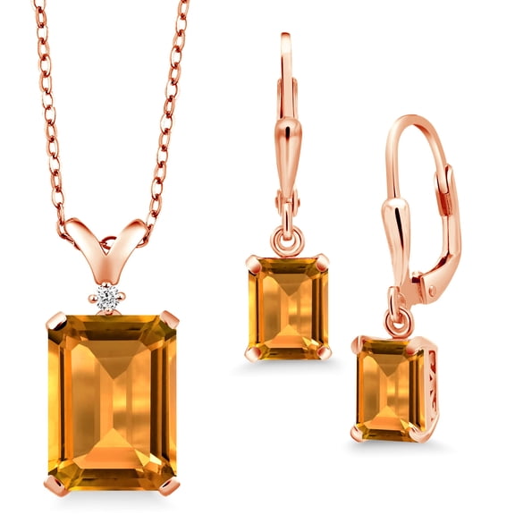 Gem Stone King 11.52 Ct Octagon Yellow Citrine 18K Rose Gold Plated Silver Pendant and Earrings Jewelry Set