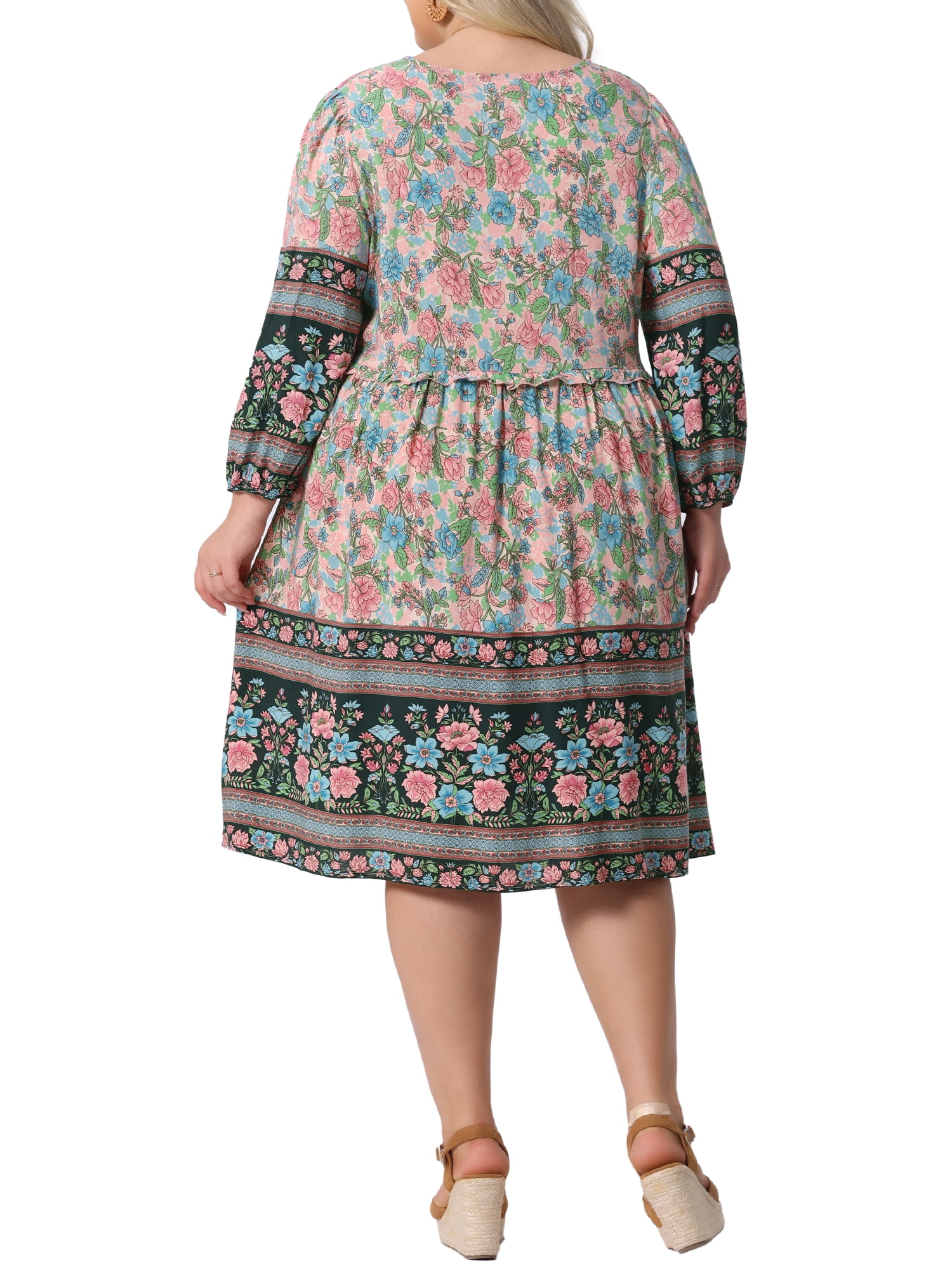 DARING DIVA Women's Plus Size Casual Boho Floral V Neck 3/4 Sleeve Dress 3X Blue Pink