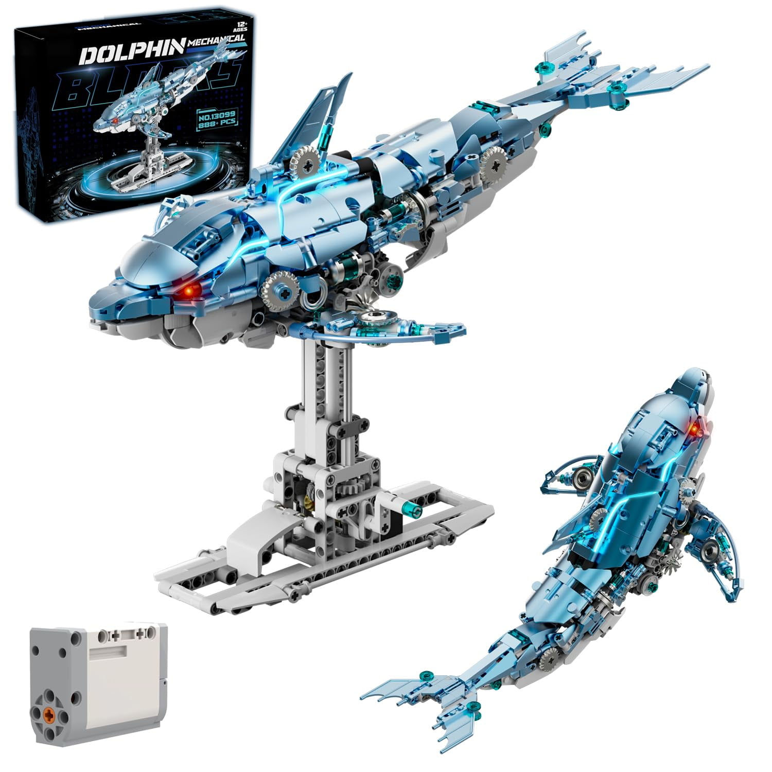 Remocguys Mechanical Blue Dolphin Building Set Compatible with Lego Sea Animal Model with Lighting Home Decor for Adults