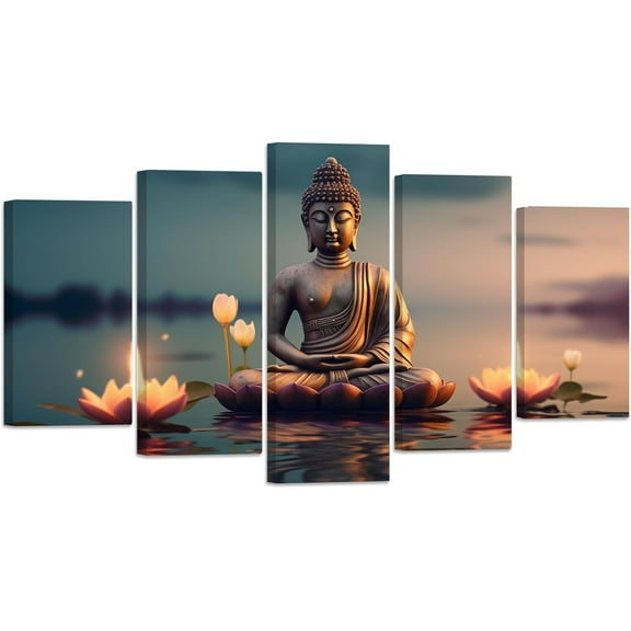 ZHONGYUTONG Buddha Canvas Wall Art 5 Pieces Buddha Statue Painting Lotus Pictures Prints Zen Spa Artwork for Office Spiritual Meditation Yoga Room Framed (8"x14"x2 8"x18"x2 8"x22"x1)