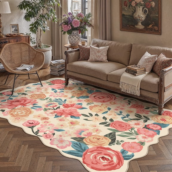 BERTHMEER Large 8'x10' Area Rugs for Living Room Beige Floral Rugs for Bedroom Playroom Office Vintage Carpets Machine Washable Farmhouse Dining Room Oriental Flower Non Slip Rugs, Multicolor