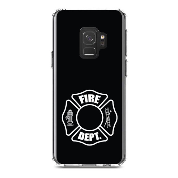 DistinctInk Clear Shockproof Hybrid Case for Samsung Galaxy S9 (5.8" Screen) - TPU Bumper, Acrylic Back, Tempered Glass Screen Protector - White Fire Department Maltese Cross - First Responders