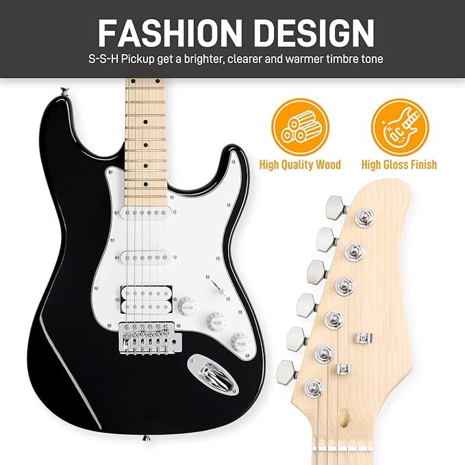 HarmonyStrings 39 Inch Rosewood Fingerboard Electric Guitar,Electric Guitar Beginner Kit Solid Body Full Size Pick Up for Starter, with Bag, Picks, Capo, Strap, Cord,Allen Wrench, Tremolo Arm Black