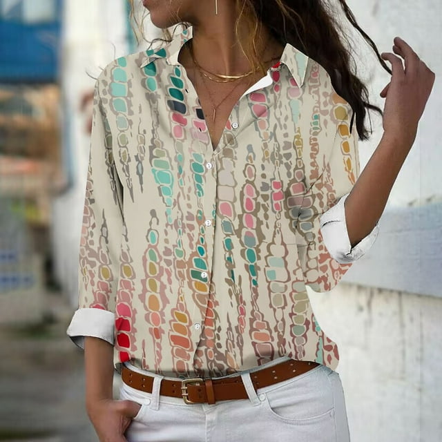 Fiudx Camisas de Mujer Camisa con Botones de Solapa Estampada de Serie Informal Regular de Manga Larga para Mujer