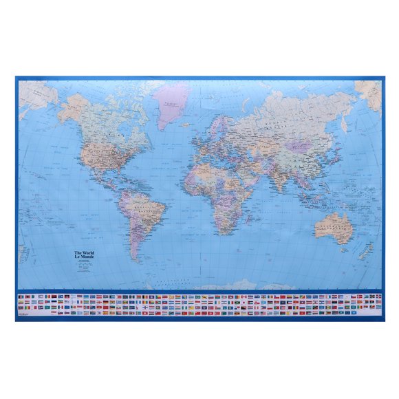 COSMOBETTY Full Lamination Blue World Map Mural Decorative Large Wall Poster with Detailed Political Design