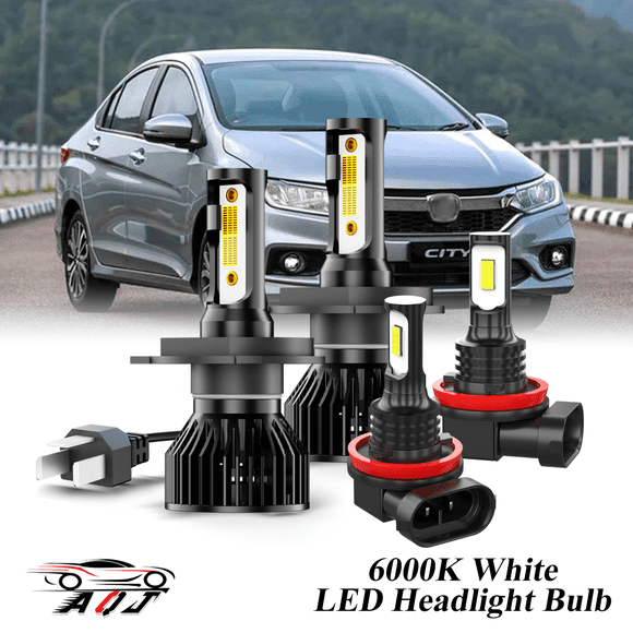 Juego Combinado de Bombillas LED Honda City 2010-2014 para Luz Alta/Baja + Antiniebla, Kit de 4 Unidades: 2x 9003/H4 para Faros Principales + 2x H11/H8/H16 para Faros Antiniebla
