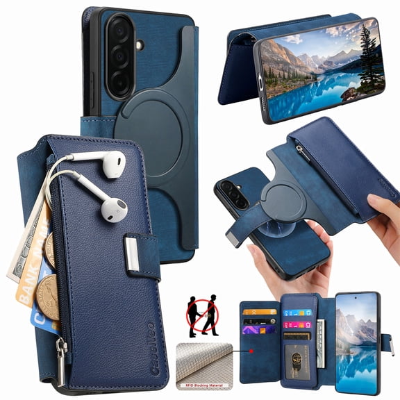 For Samsung Galaxy S24 FE Wallet [Support Magsafe Charger] Flip Magnetic Detachable 2 in 1 Flip PU Leather Phone Case with Card Slots [RFID Blocking], Zipper Bag, Kick-Stand Cover,Blue