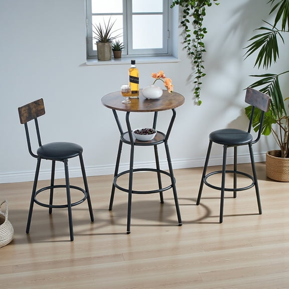 GZXS 3-Piece Round Bar Table Set with Storage Shelf, Industrial Pub Height Bistro Table Set with 2 PU Leather Stools (Backrest & Footrest), for Small Spaces & Kitchen Nook (Antique Brown)